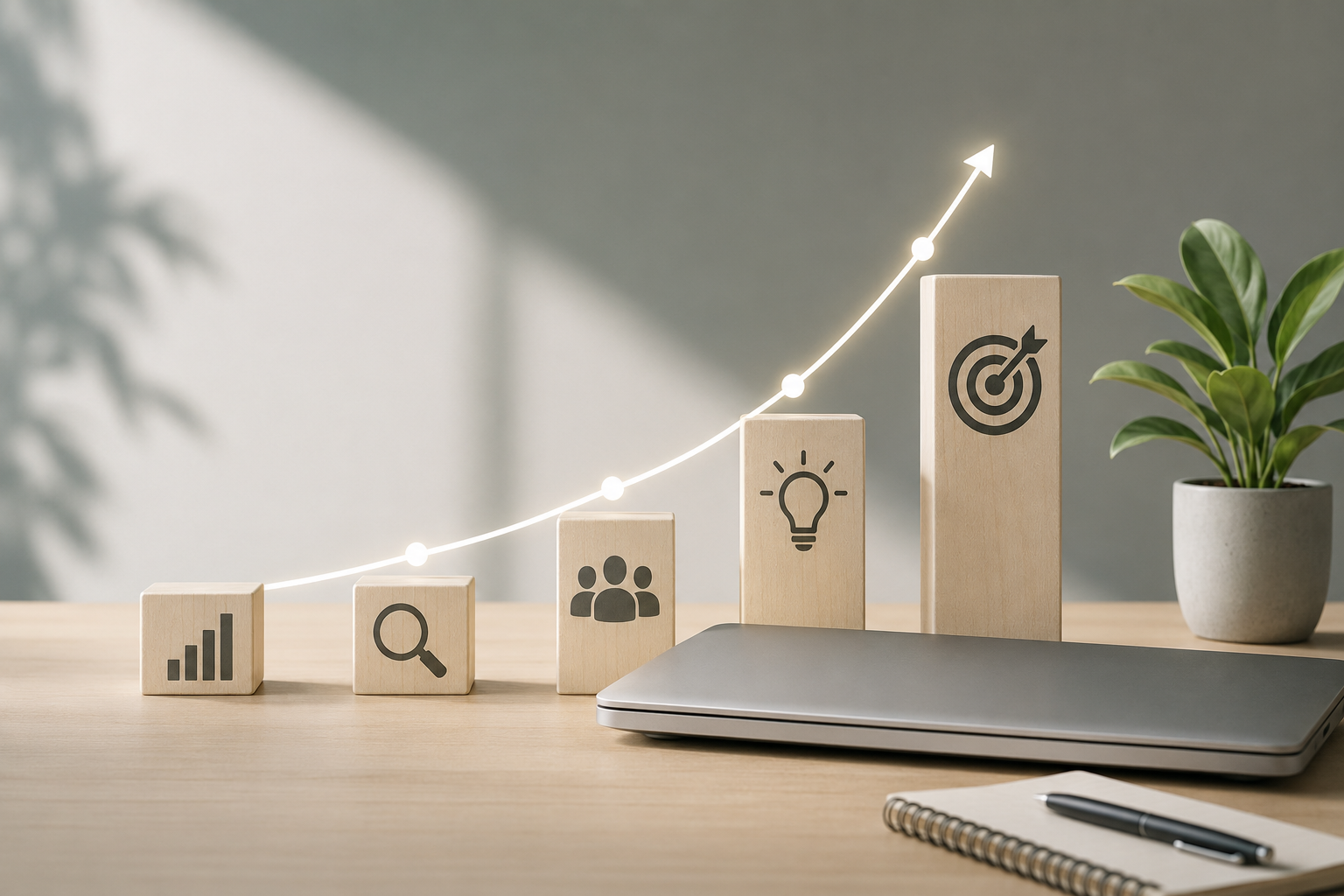 Bloques de madera con iconos de datos, análisis, personas, idea y objetivo, junto a una flecha ascendente sobre un escritorio