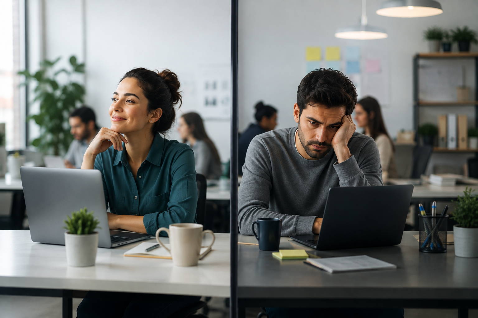 Dos colaboradores en la misma oficina viviendo experiencias opuestas frente a su trabajo