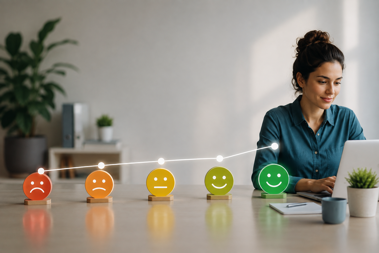 Colaboradora trabajando en su laptop junto a una secuencia de caritas que evolucionan de la insatisfacción a la satisfacción