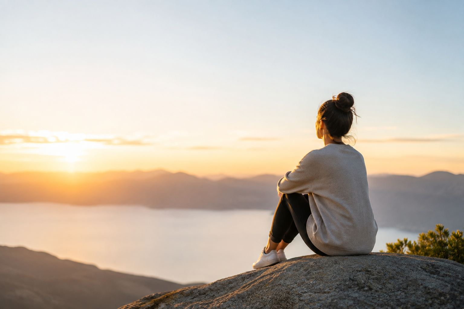 Persona sentada en una roca mirando el atardecer sobre un lago y montañas.