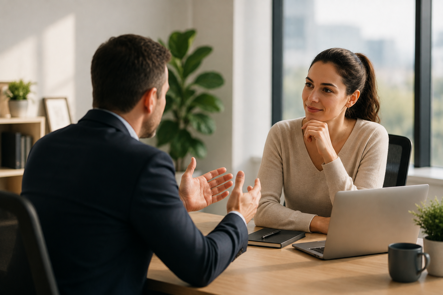 Un líder conversando con una colaboradora en una oficina luminosa