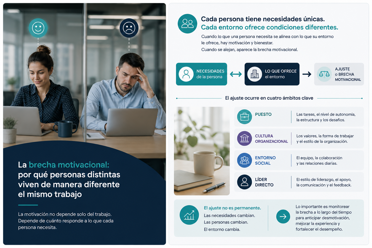Infografía: la brecha motivacional entre las necesidades de la persona y lo que ofrece el entorno, con los cuatro ámbitos de ajuste