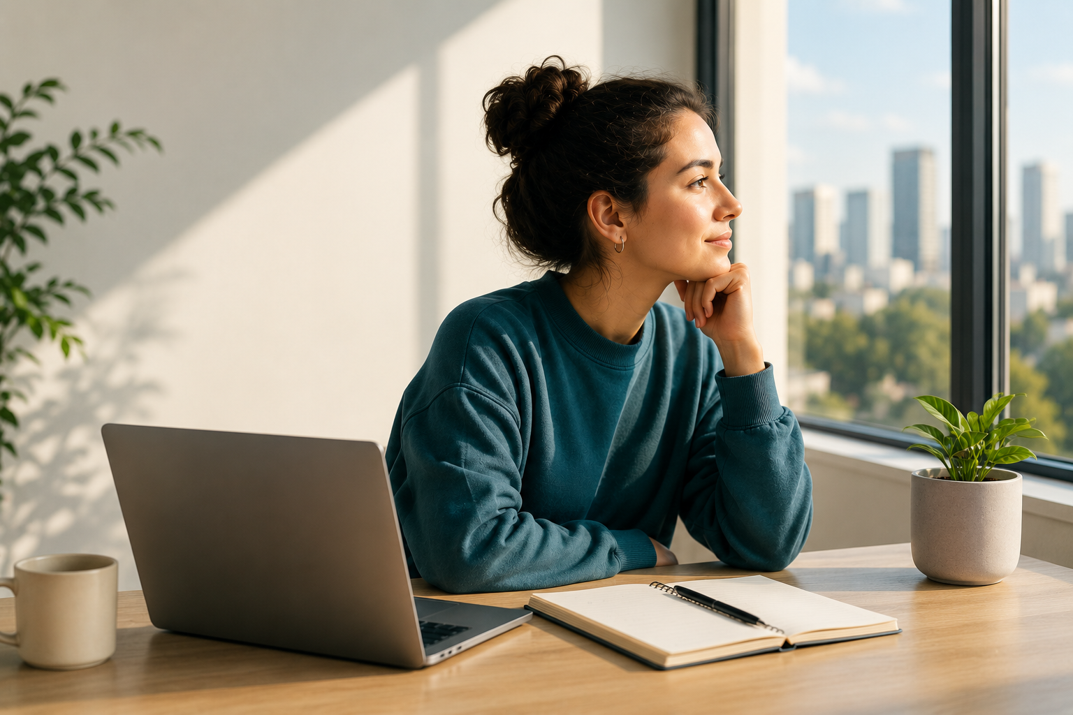 Profesional joven frente a su laptop mirando por la ventana, reflexionando sobre su trayectoria profesional